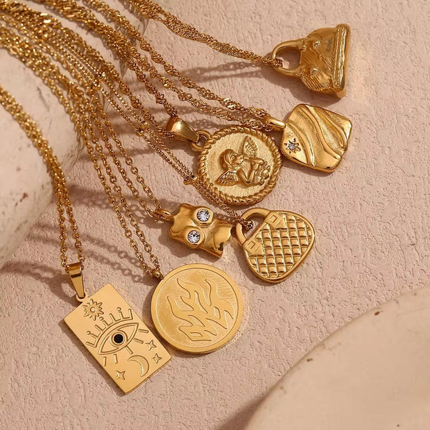 Vintage Jewelry Gold Plated Pendant Necklace Engraved Stainless Steel Jewelry Necklaces Set
