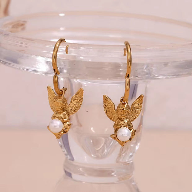Vintage Pearl Angel Pendant Necklace and Earring Set Gold Plated Stainless Steel Jewelry Set