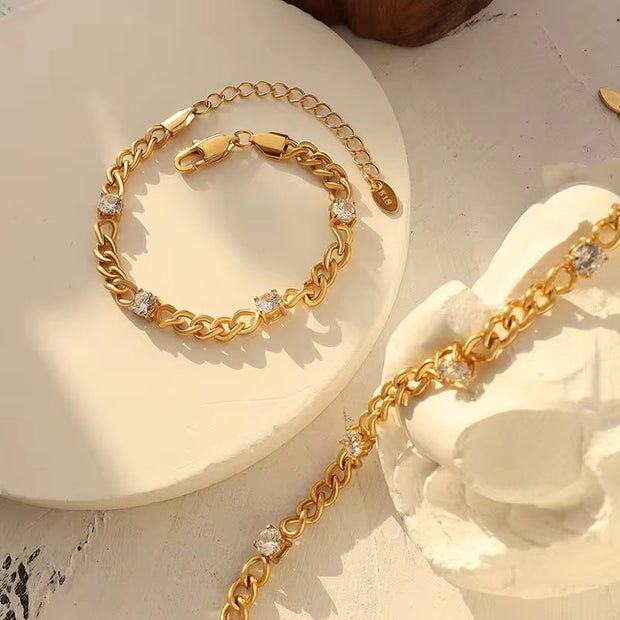 18K Gold Plated Stainless Steel Jewelry Waterproof Charm Cuban Chain Cubic Zirconia Bracelet for Women Ladies