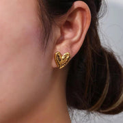 18K Gold Plated Hammered Heart Studs Earrings Tarnish Free Stainless Steel Stud Earrings for Women