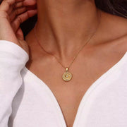Vintage Engraved round Compass Shape Zircon Pendant Necklace 18K Gold Plated Stainless Steel Necklace