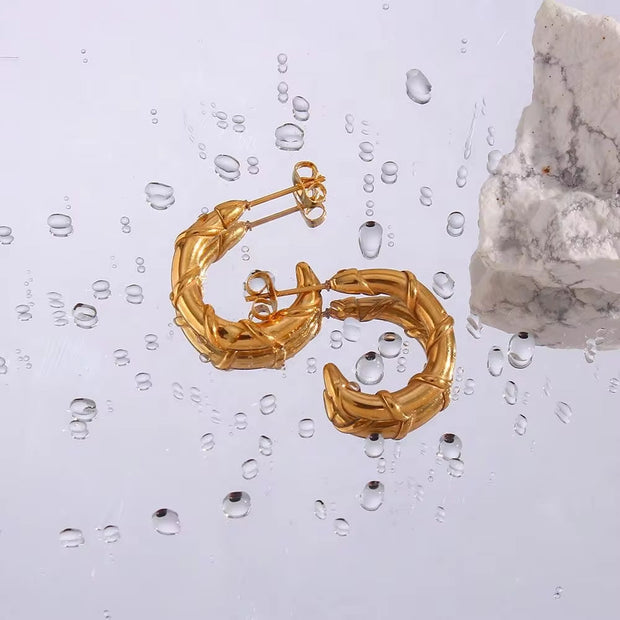 Trendy 18K Gold Plated Bamboo Shape Gold Hoop Earrings Tarnish Free Stainless Steel Earrings Women