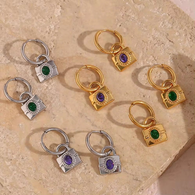 Vintage 18K Gold Plated Zircon Lock Shape Drop Earrings Stainless Steel Women Drop Earring