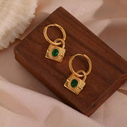 Vintage 18K Gold Plated Zircon Lock Shape Drop Earrings Stainless Steel Women Drop Earring