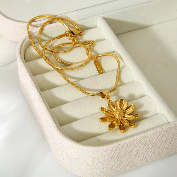 18K Gold Flower Necklace Stainless Steel Double Layer Gold Colors Daisy Flower Pendant Necklace for Women