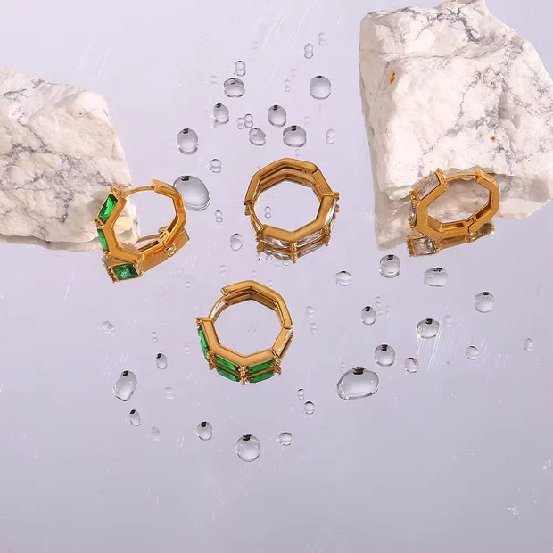 18K Gold Plated Shining Zircon Hoop Earring Tarnish Free Bamboo Shape Stainless Steel Huggies Hoop Earring