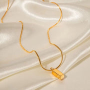 Waterproof 18K PVD Gold Plated Thin Snake Chain Simple Stainless Steel Brick Square Pendant Necklace for Women