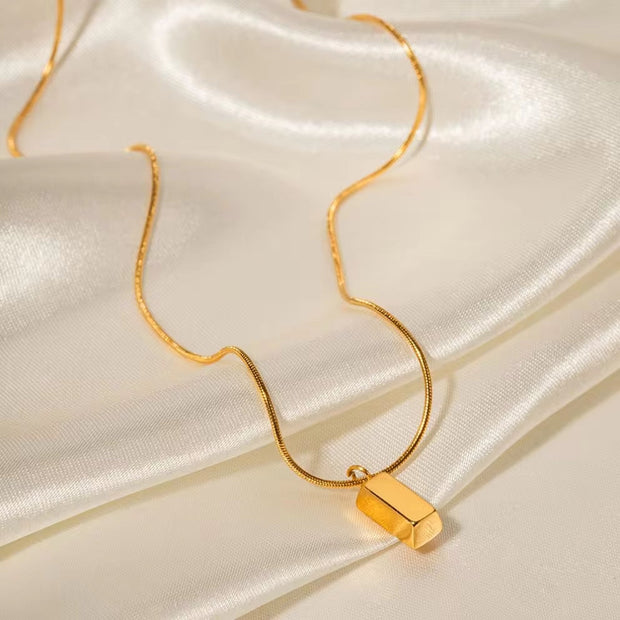 Waterproof 18K PVD Gold Plated Thin Snake Chain Simple Stainless Steel Brick Square Pendant Necklace for Women