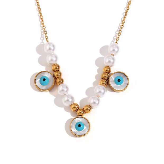 Turquoise Jewelry Imitation Pearl Evil Eye Jewelry Gold Plated Stainless Steel Charm Necklace
