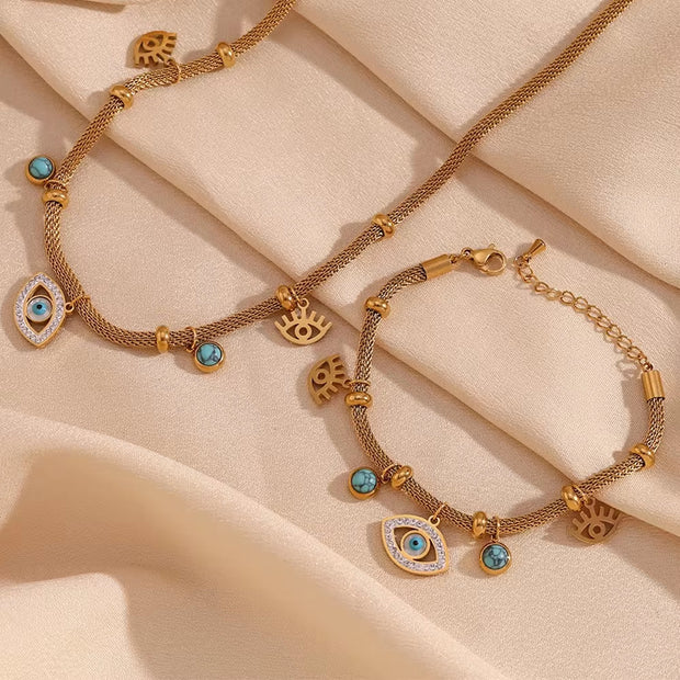 Vintage Turquoise Evil Eye Jewelry Gemstone Charm Choker Gold Plated Chain Necklace Stainless Steel Jewelry