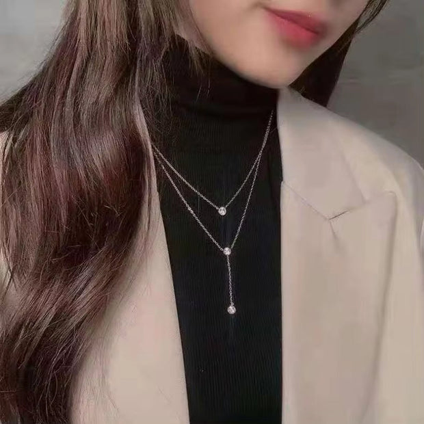 18K Gold Stainless Steel Y Shaped Dainty Chain Double Layer Shiny Cubic Zirconia Lariat Necklaces