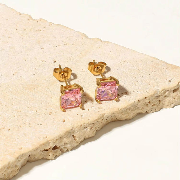 18K Gold Plated Stainless Steel Jewelry Gift Square Earrings Colorful Cubic Zirconia Stud Earrings