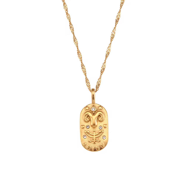 Vintage Embossment 12 Zodiac Signs Zircon Pendant Necklace 18K Gold Plated Stainless Steel Necklace for Women