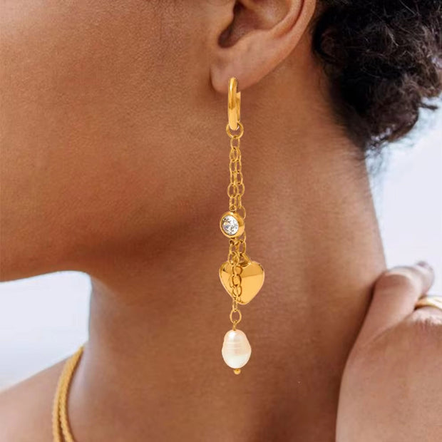 18K Gold 316 Stainless Steel Chain Link Natural Pearl Heart Long Drop Dangle Earrings for Women Waterproof Jewelry