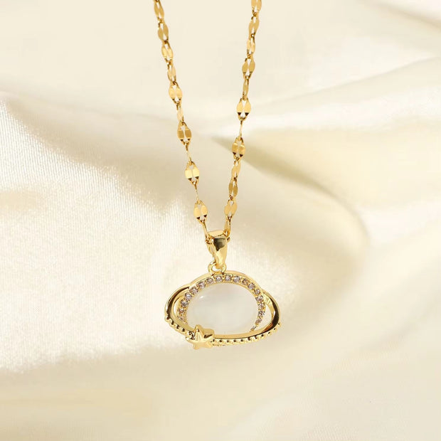 Women Jewelry Zircon Planet Eearth Cat Eye Opal Stone Pendant Necklaces 18K Gold Chain Choker Stainless Steel Necklace