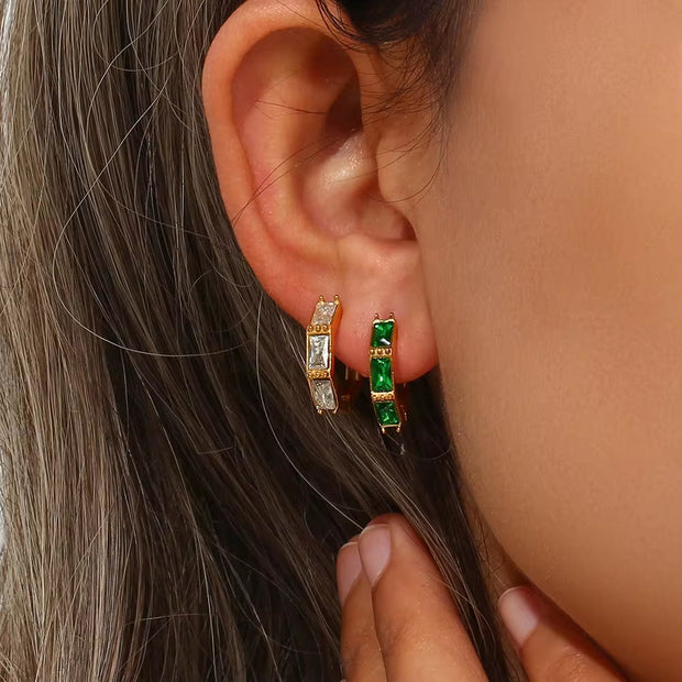 18K Gold Plated Shining Zircon Hoop Earring Tarnish Free Bamboo Shape Stainless Steel Huggies Hoop Earring