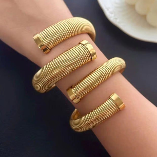 Trendy 304L Stainless Steel Cuff Bangle Unusual Men Women Textured 18K Gold Color Bracelet Daily Jewelry High Quality