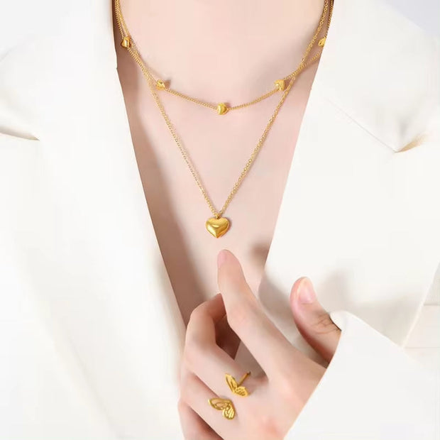 Wholesale Custom Fashion Jewelry 18K Gold Plated Stainless Steel Double Layer Dainty Heart Pendant Necklace for Women