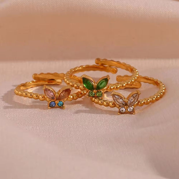 18K Gold Plated Stainless Steel Adjustable Zircon Butterfly Rings for Women Non Tarnish Jewelry