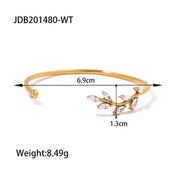 Waterproof 18K Gold Plated Stainless Steel Jewelry Gift Retro Leaves White Cubic Zirconia Opening Bangles