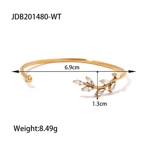 Waterproof 18K Gold Plated Stainless Steel Jewelry Gift Retro Leaves White Cubic Zirconia Opening Bangles