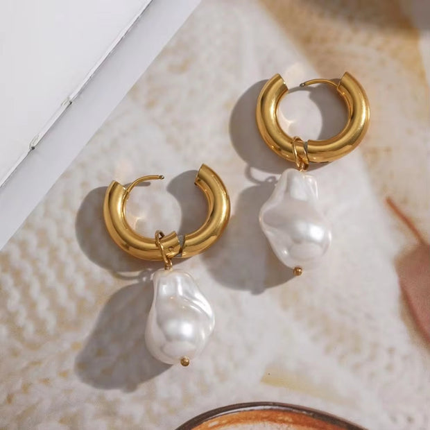 Vintage Baroque Pearl Charms Hypoallergenic Tarnish Free Stainless Steel Gold Hoop Earrings for Women