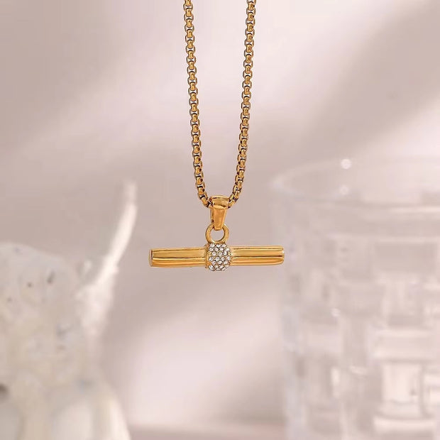 Trendy 18K Gold Plated Snake Chain Micro Pave Zircon Bar Pendant Necklace Stainless Steel Necklace for Women