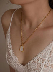 Tarnish Free Square Pendant 18K Gold Plating White & Green & Abalone Shell Figaro Chain Stainless Steel Necklace