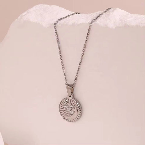 Vintage round Sunburst Texture Moon Star Zircon Pendant Necklace Stainless Steel Necklace Design Jewelry