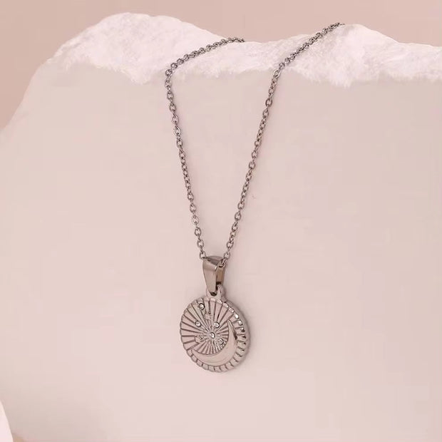Vintage round Sunburst Texture Moon Star Zircon Pendant Necklace Stainless Steel Necklace Design Jewelry