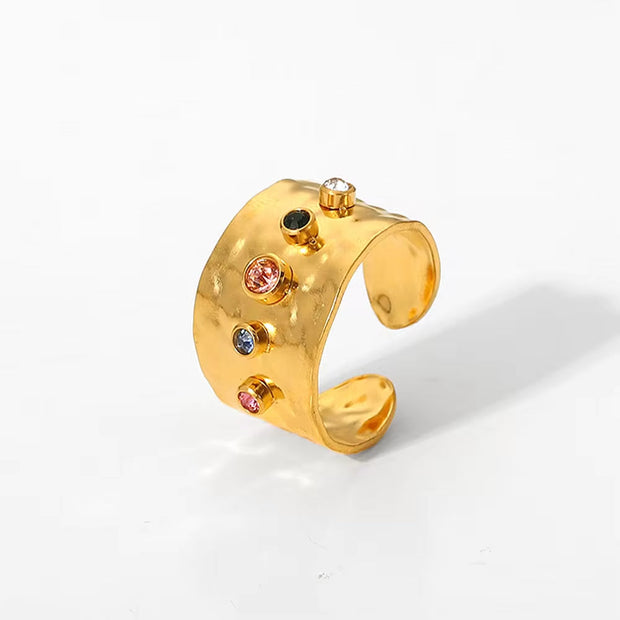 Wholesale Fashion Creative Colorful Zircon Wide Version Jewelry Hand Jewelry Ladies 18K Gold Stainless Steel Ring
