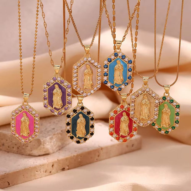 Valentine'S Day Jewelry Shining Zircon Virgin Mary Enamel Necklace Gold Plated Jewelry Stainless Steel Pendant Necklace
