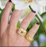 Waterproof 18K Gold Plated Stainless Steel Rings Jewelry Set Cubic Zirconia Malachite Eye Pendant Necklace