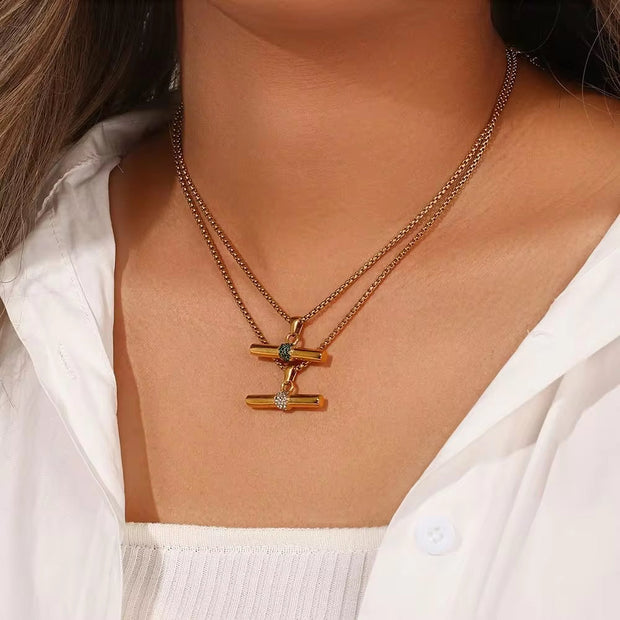 Trendy 18K Gold Plated Snake Chain Micro Pave Zircon Bar Pendant Necklace Stainless Steel Necklace for Women
