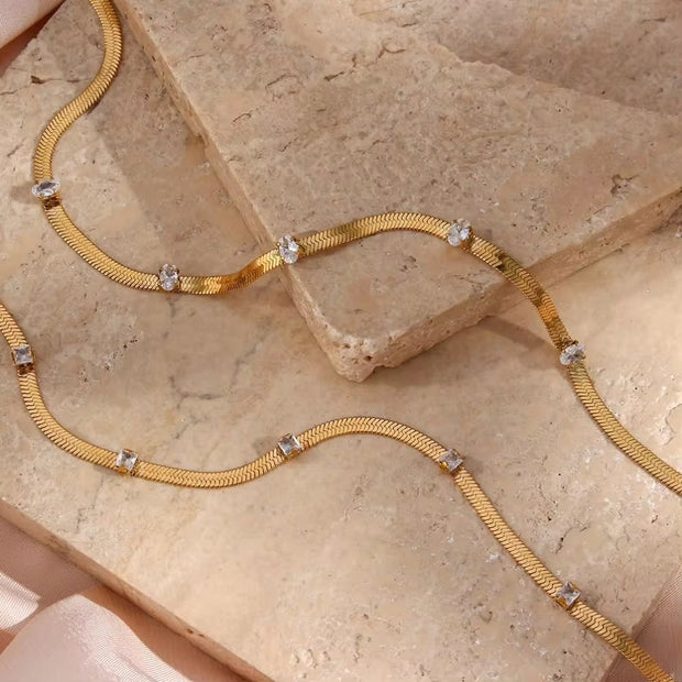 18K Gold Plated Stainless Steel Snake Chain Necklace Zircon Charm Choker Necklace