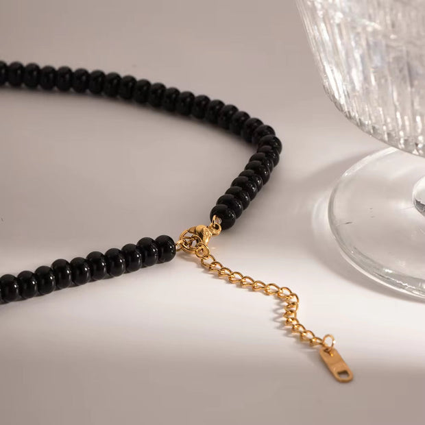 18K Gold Plated Stainless Steel Gift Black Obsidian Beads 3D Dimensional Heart Pendant Choker Necklace Women