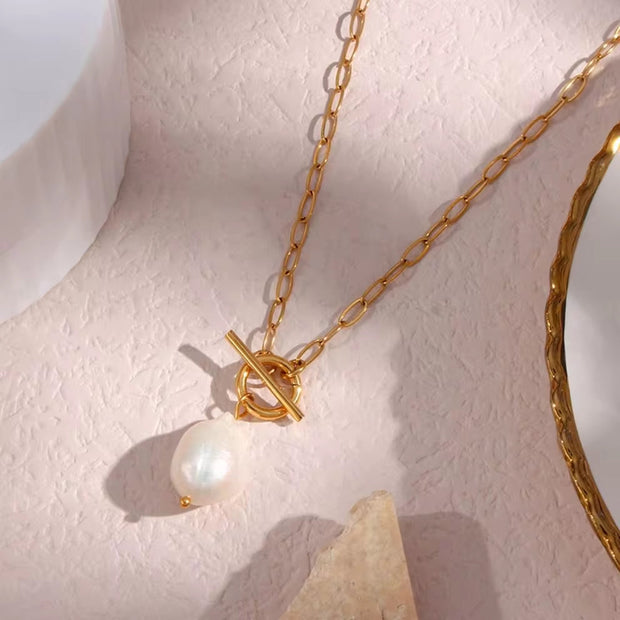 18K Gold Plated Baroque Fresh Water Pearl Paper Clip Chain Stainless Steel Pendant Necklace