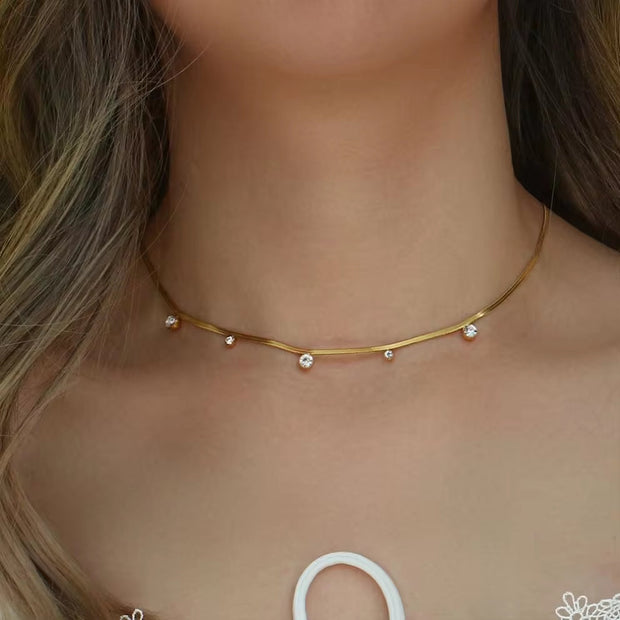 18K Gold Plated Snake Chain Necklace round Zircon Charm Stainless Steel Chain Choker Necklace