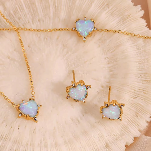 2024 Jewelry Heart Shape Opal Necklace Stainless Steel Jewelry Set for Women 18K Gold Plated Necklace Bracelet Earring