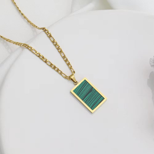 Tarnish Free Square Pendant 18K Gold Plating White & Green & Abalone Shell Figaro Chain Stainless Steel Necklace