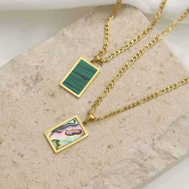 Tarnish Free Square Pendant 18K Gold Plating White & Green & Abalone Shell Figaro Chain Stainless Steel Necklace