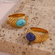 Vintage Dome Ring Engraved Gemstone Rings PVD Gold Plated Stainless Steel Statement Ring