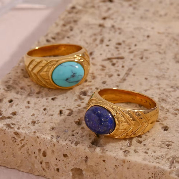 Vintage Dome Ring Engraved Gemstone Rings PVD Gold Plated Stainless Steel Statement Ring