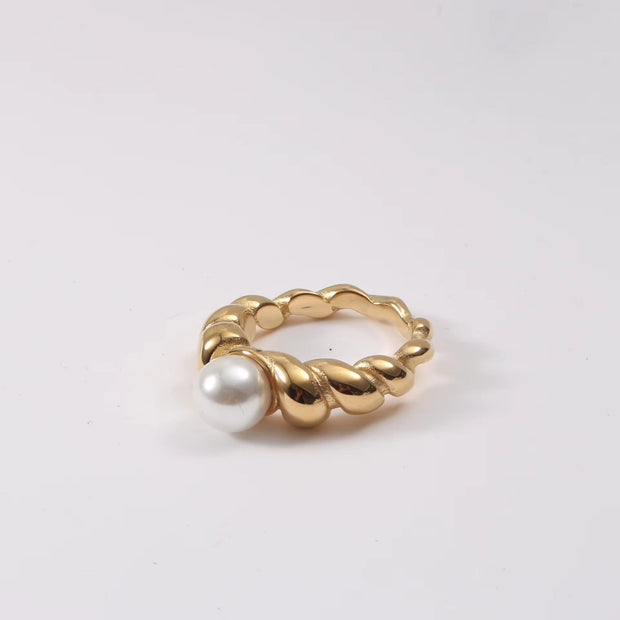 Waterproof Statement 18K Gold Plated Big Fresh Water Pearl Twisted Ring Chunky Twist Rope Chain Stainless Steel Ring