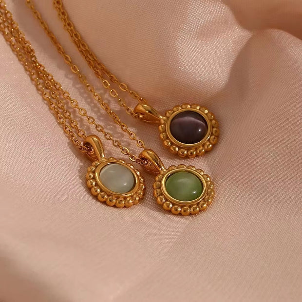 Vintage Jewelry Colorful Stone Pendant Necklace 18K Gold Plated Sunflower Shape Stainless Steel Necklace