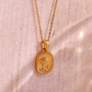 Valentines Day Gift Wholesale Dainty Engraved Rose Pendant Necklace Gold Plated Stainless Steel Necklace