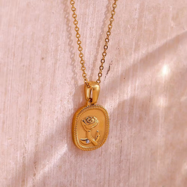 Valentines Day Gift Wholesale Dainty Engraved Rose Pendant Necklace Gold Plated Stainless Steel Necklace