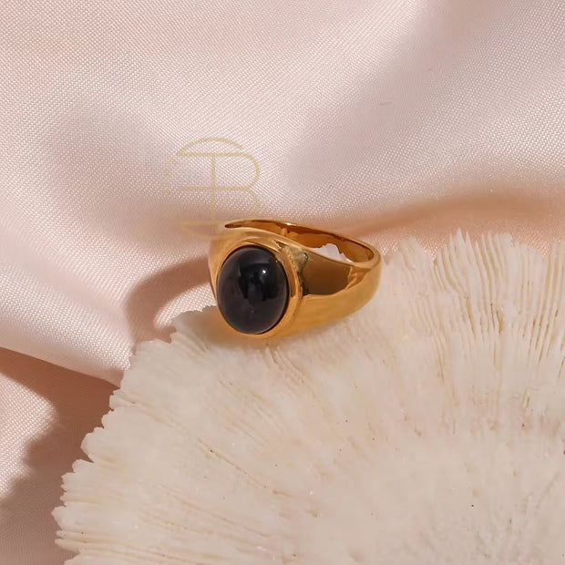Vintage Black Brown Emarald Gemstone Ring in Titanium 18K Gold Plated Stainless Steel Opal Rings for Women Jewelry