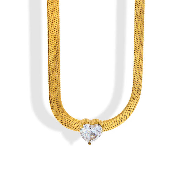 Trendy Short Snake Chain Zircon Heart Necklace Charm Heart Crystal Pendant Necklace for Women Girls Gift