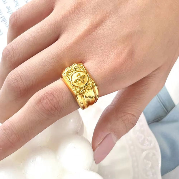 13MM Unisex Exquisite Cross Carved Stainless Steel Ring Cuban 18K Gold Plated Finger Jewelry Wedding Gift Waterproof